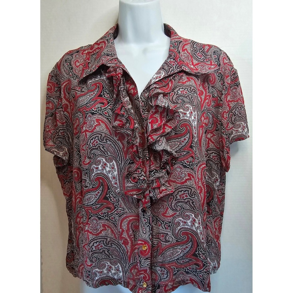 St.‎ John Cropped Red Multi Paisley Print Button Front Blouse SZ 14 SEE BUTTONS